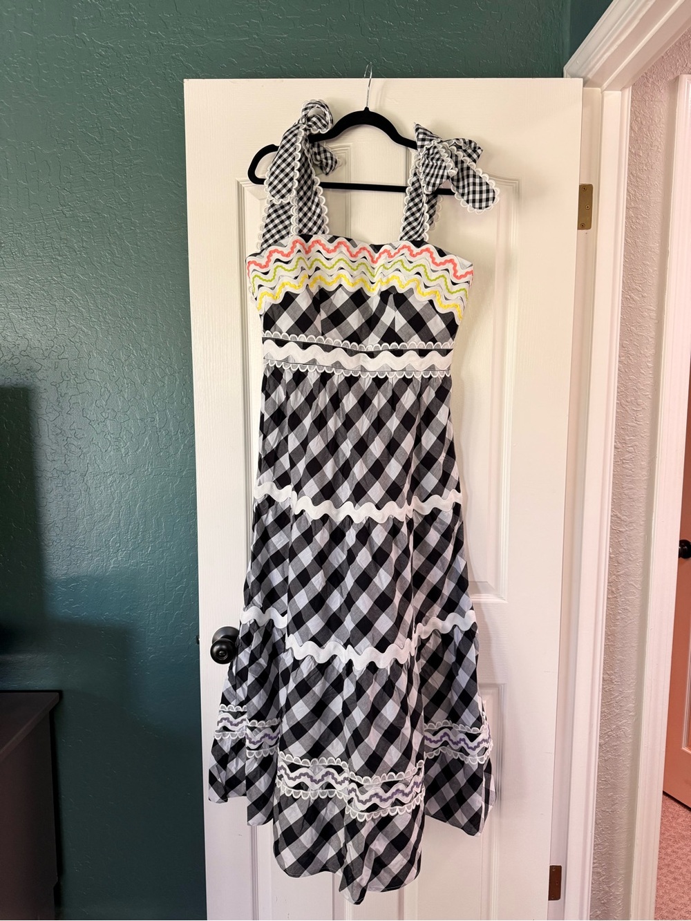 NWT CeliaB Black and White Gingham Tie-Strap Maxi Dress with Pastel Trim - Picture 4 of 8